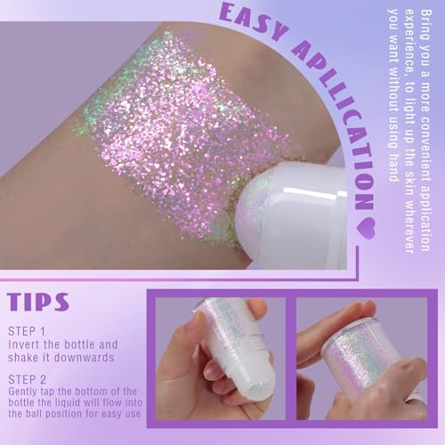 HOSAILY Roll-on Holographic Body Glitter Gel for Face Hair, Chameleon Color Changing Glitter Gel Under Light, Chunky Merma...
