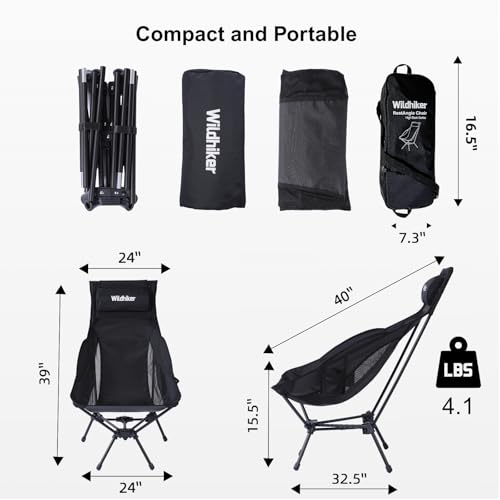 Wildhiker Portable Compact Folding Camping Chairs – Lightweight High Back with Pillow, Deep Recline, ArmPads, Side Pocket...