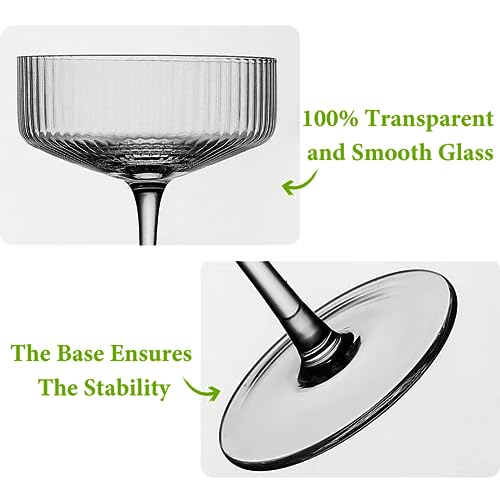 Qipecedm 4 Pcs Ribbed Coupe Glasses, 10 oz Vintage Coupe Glass Set, Unique Martini Glass, Classic Cocktail Galssware, Bar ...