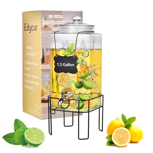 1.5 Gallon Glass Drink Dispenser, Drink Dispensers for Parties, Beverage Dispenser with Stand and Glass Lid, 100% Leakproo...