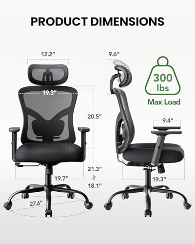 Marsail Ergonomic Office Chair Ergonomic Gaming Chair with Lumbar Support, 2D Headrest, Adjustable Armrests, Contoured Sea...