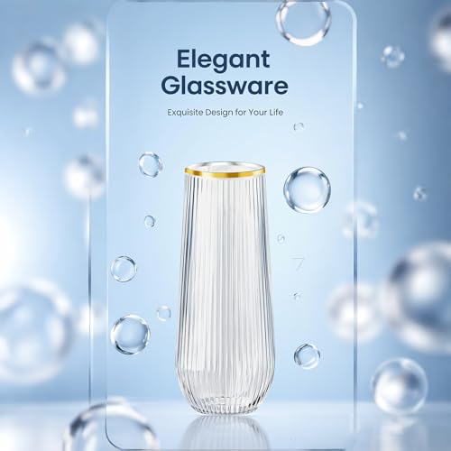 Lueumxc 48 Pack Plastic Ribbed Champagne Flutes, 9 Oz Stemless Disposable Gold Rim Clear Plastic Toasting Glasses Shatterp...