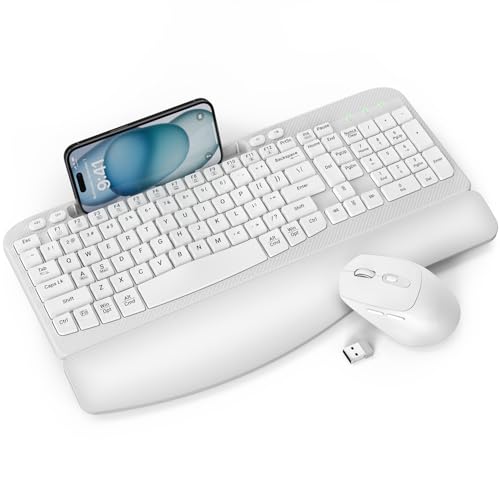 Wireless Keyboard and Mouse Combo, Wave Keys Full-Sized Ergonomic Keyboard with Cushioned Plam Rest, Phone Holder, Comfort...