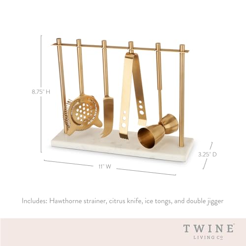 Twine Bar Tool Set Includes Hawthorne Strainer, Citrus Knife, Ice Tongs, Double Jigger with Marble Display Stand for Class...