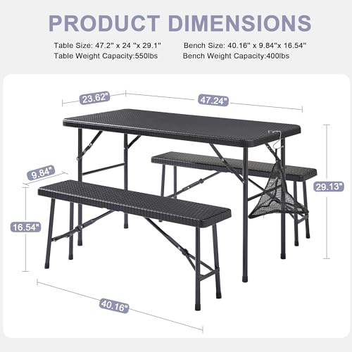 VECELO Dining Table Set for 4, Faux Rattan Card Folding Dinette for Small Space with 2 Benches, Kitchen/Breakfast Nook/Liv...