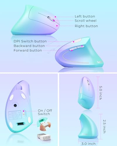 Lekvey Ergonomic Mouse, Vertical Wireless Mouse, Rechargeable 2.4G Optical Carpal Tunnel Mice: 800/1200 / 1600 DPI, 6 Butt...