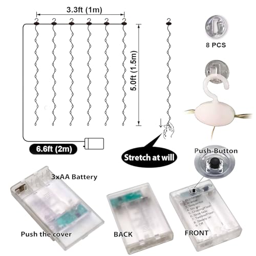 HXWEIYE Short Curtain Lights for Small Window, 3.3x5Ft Warm White Fairy Light with Timer & 8 Clips for Bedroom, Battery Po...