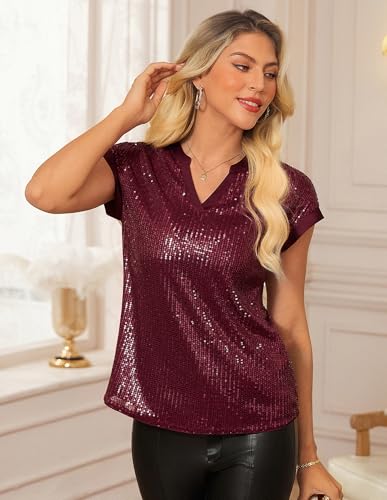 GRACE KARIN Women's Sequin Sparkly Tops Cap Sleeve Dressy Blouses Glitter Party Tops V Neck Disco Shirts Club Concert Outfits