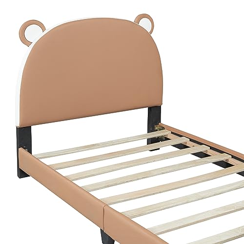 SOFTSEA Twin Size Upholstered Platform Bed with Bear-Shaped Headboard and Footboard, Twin Size Bed Frame with Wooden Slats Support, Brown+White
