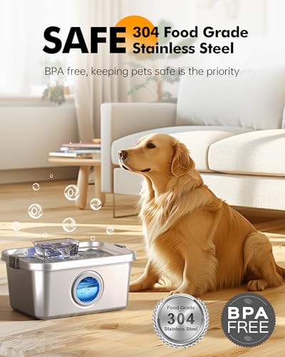 PETIMI Cat & Dog Water Fountain, 2 Gallon 304 Food Grade Stainless Steel Pet Water Fountain, Ultra Quiet Dog Water Bowl Di...