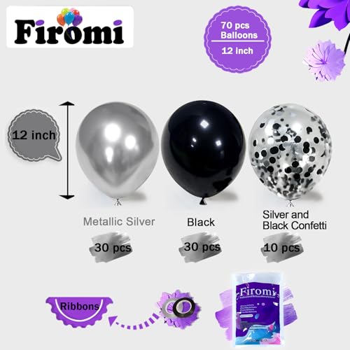 Firomi Metallic Chrome Silver Black Latex Balloons 12 inch 70 Pack Black and Silver Confetti Balloons Set for Birthday Wed...