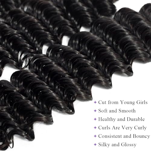 Deep Wave Human Hair Bundles 12A Brazilian Virgin Human Hair Bundles 18 20 22 Inch Wet and Wavy Curly Bundles Human Hair Extensions for Black Women Natural Black Color