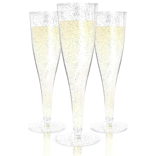 Prestee 24 Champagne Flutes Plastic - Disposable Flute - Silver Glitter Plastic Glasses for Parties - Mimosa Bar, Wedding,...
