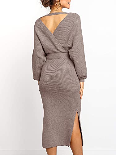 Chang Yun Women's Long Maxi Sweater Dresses Sexy Wrap Batwing V Neck Slit Open Back Holiday Bodycon Dress with Belt