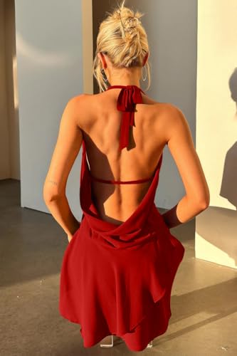 GOKATOSAU Women's Sexy Halter Plunge V Cowl Neck Low Open Back Irregular Ruffle Hem Mini Dress