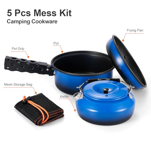 Odoland 5pcs Camping Cookware Non-Stick Camping Pot and Pan Set with Kettle and Removable Handle for Hiking Backpacking an...