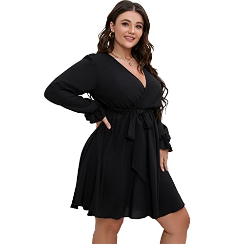 SCOMCHIC Women's Plus Size Long Sleeve Wrap V Neck Tie Waist A Line Mini Dress