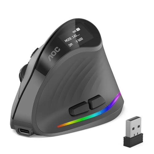 AOC 2.4GHz Ergonomic Mouse, Wireless Bluetooth Vertical Mouse for Work, 4800 DPI Optical Tracking, 5 Adjustable DPI, Quiet...
