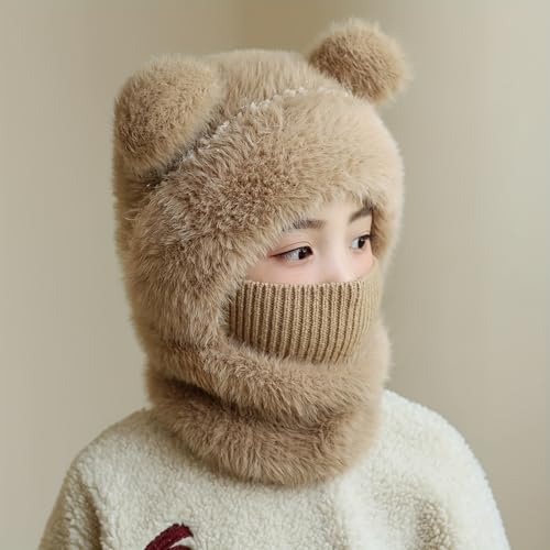 1pc Khaki Winter Hat, Scarf & Mask Combo - Warm Plush Balaclava with Ear Protection, Snow Gear, Cold Weather Gear, Cozy Ma...