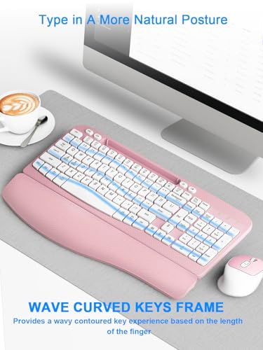 Wireless Keyboard and Mouse Combo, Wave Keys Computer Ergonomic Keyboard with Cushioned Plam Rest, Phone Holder, 2.4GHz Si...