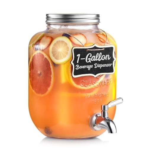 1 Gallon Glass Beverage Dispenser, 18/8 Stainless Steel Spigot and Lid, Glass Drink Dispensers for Parties, Mason Jar Drin...