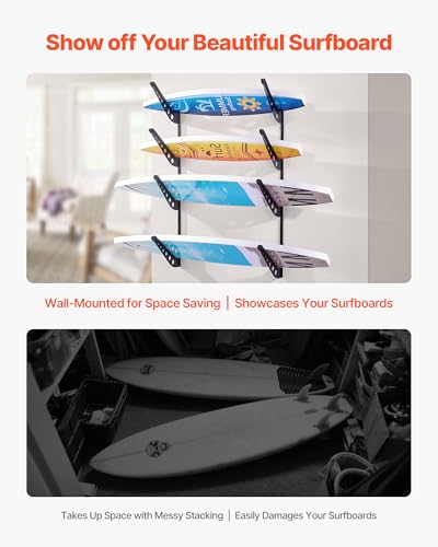 VEVOR Surfboard Wall Mount, 4 Tiers Horizontal Surfboard Rack for Storage and Display, Adjustable Height Metal Board Stand...