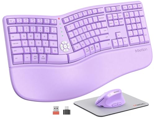 MEETION Ergonomic Keyboard and Mouse Combo, 2.4G Cordless Split Keyboard with Cushioned Palm Rest, Vertical Wireless Mouse...