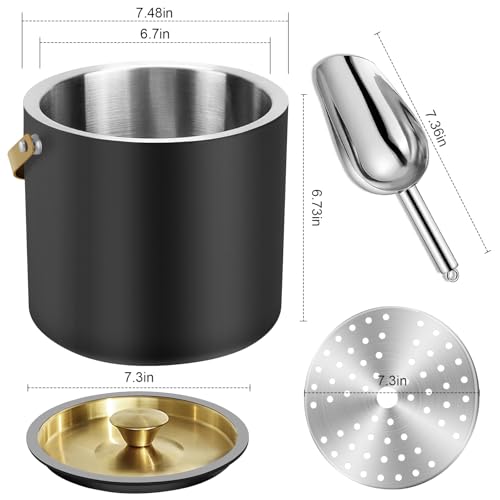 3.2L/3.4QT Modern Insulated Ice Bucket with Silicone Lid, Scoop, Strainer, Double Wall Stainless Steel Ice Bucket for Part...