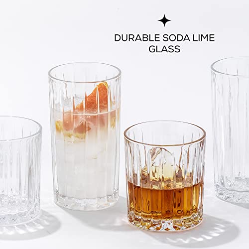 JoyJolt Drinking Glasses Set of 8, Alina Ribbed Glassware. 12oz Rocks Glass and 14oz Highball Glass set. Cocktail Glasses,...