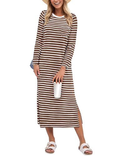 ANRABESS Womens 3/4 Sleeve Striped Slit Midi T Shirt Dresses 2026 Summer Casual Beach Vacation Clothes Spring Travel Sundress