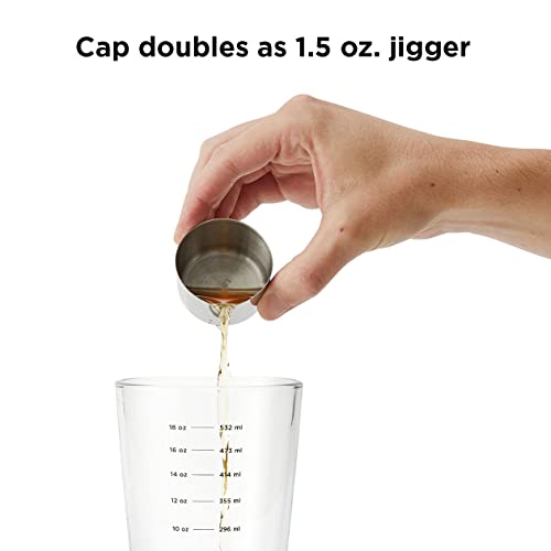 Rabbit 18 oz Glass Cocktail Shaker with Printed Measurements, Multi-Use Stainless Steel Topper with 1.5 oz Jigger Cap and ...