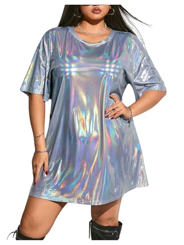 Floerns Women's Plus Size Metallic T Shirt Dress Streetwear Half Sleeve Tunic Short Dresses