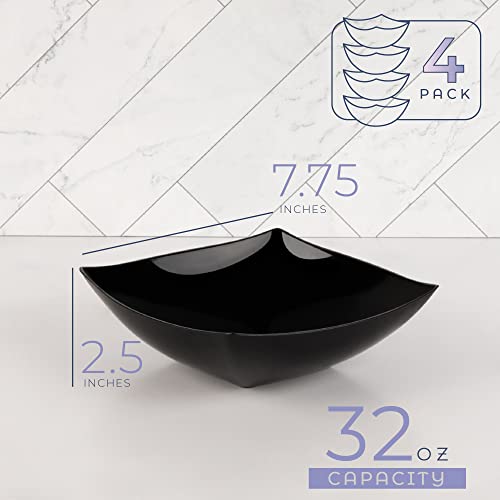 PLASTICPRO Disposable Square Serving Bowls, Party Snack or Salad Bowl, Plastic Black Pack of 4, 32 OUNCE, Black