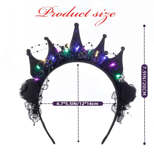Aceorna Light Up Flower Headband Led Black Crown Hairbands Lace Beads Headpiece Glitter Costume Hair Accessories for Women