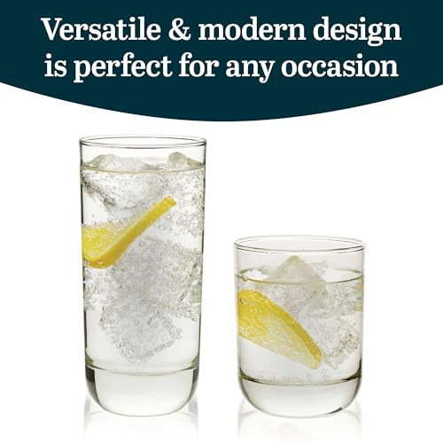 Libbey Drinking Glasses Polaris Tumbler and Rocks Set of 16, Clear, Sturdy Drinkware Glasses Set, Kitchen Glassware for Co...