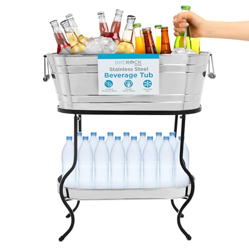 BIRDROCK Home Stainless Steel Beverage Tub with Stand - Bottom Tray - Ice Bucket - Party Drink Holder - Wooden Handles - O...