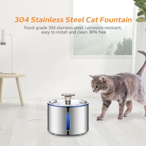 BOORCA Cat Water Fountain, 84oz/2.5L Stainless Steel Pet Water Fountain, Automatic Dog Water Dispenser with Water Level Wi...