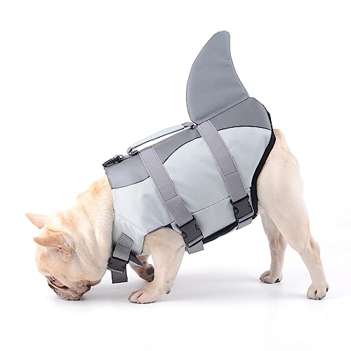 Hifrenchies Dog Life Jacket Shark Swimming Vest Dog Safety Swimsuit Floatation Life Vest for French Bulldog/Pug(M,Shark)