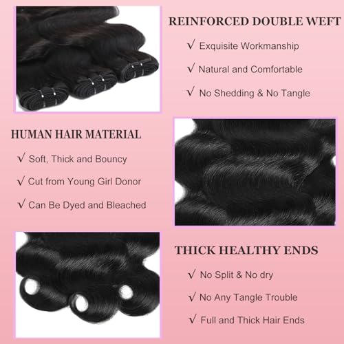 12A Human Hair Bundles 3 Bundles with Closure 14 16 18+12 Inch Body Wave Bundle Human Hair with 5x5 Closure 100% Brazilian Virgin Quick Weave Natural