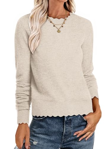 ANRABESS Sweaters for Women Loose Fit Lightweight Soft Dressy Scalloped Long Sleeve Pullover Tops 2025 Fall Casual Outfits