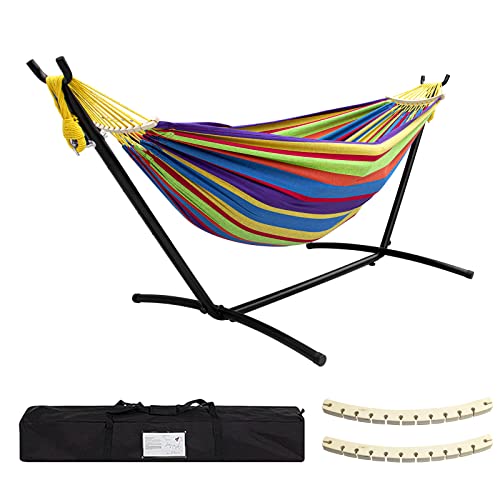 SZHLUX Double Hammock with Stand Included 450lb Capacity Steel Stand, Premium Carry Bag Included.Indoor Outdoor Brazilian-...