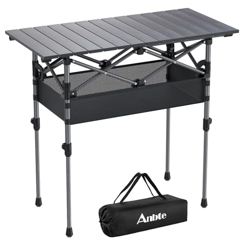 Anbte 3ft Aluminum Roll Top Camping Table, 2 Adjustable Height Camping Table Folding with Storage Net & Bag Lightweight Ro...