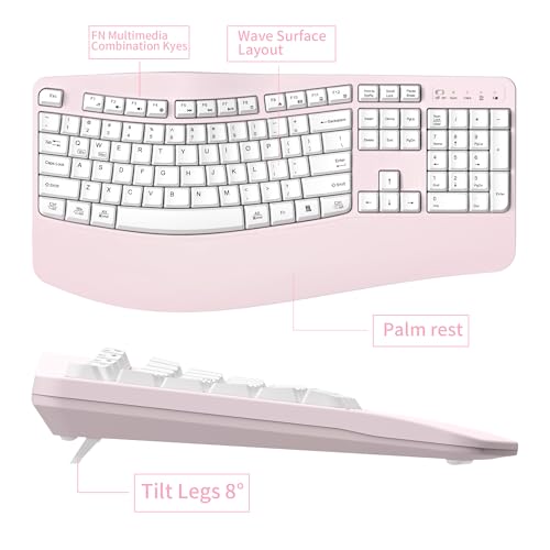 Ergonomic Wireless Keyboard and Mouse Combo, Wave Keys Keyboard with Wrist Rest for Natural Typing, 3 DPI Adjustable Ergon...