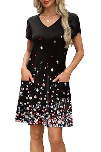 OFEEFAN Womens Summer Dresses 2025 Tulip Petal Short Sleeve V Neck Loose Swing Sundresses with Pockets Plain/Print