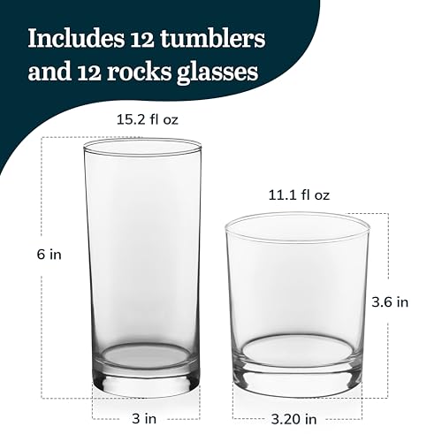 Libbey Province 24-Piece Glasses Drinking Set, Ideal Dining Glassware Sets, Glass Tumbler Set with Lines, Dishwasher Safe ...