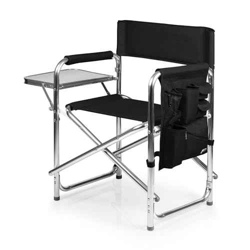 PICNIC TIME Sports Chair with Side Table, Outdoor Foldable Padded Adult Camping Chairs with Cup and Accessory Panel for Lawn, Beach, & Sports Use for Adults, up to 300-lbs Capacity, (Black)