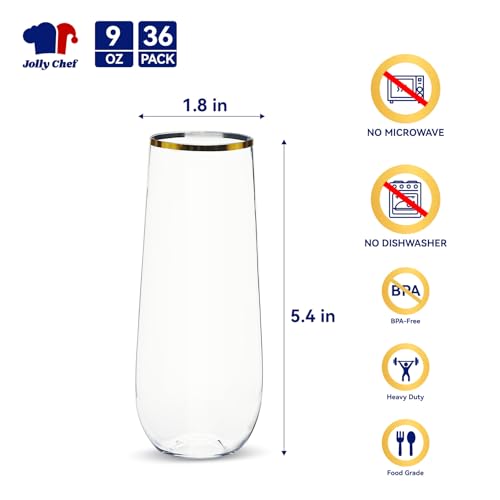 JOLLY CHEF 36 Pack 9 Oz Plastic Champagne Flutes, Gold Stemless Plastic Toasting Glasses| Shatterproof | Heavy Duty | Plas...