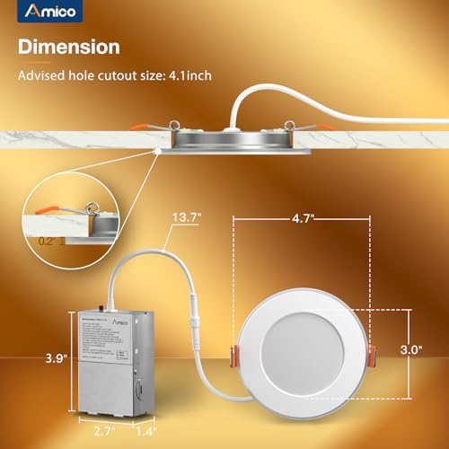 Amico 12 Pack 4 Inch 5CCT LED Recessed Ceiling Light with Night Light, 2700K/3000K/3500K/4000K/5000K Selectable Ultra-Thin...