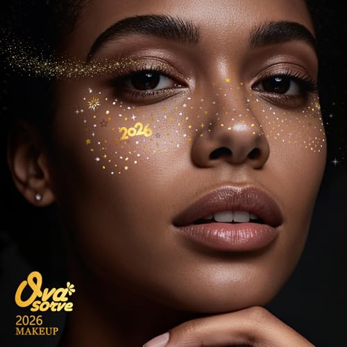 Ovasorve 2026 New Year Freckles Face Tattoo - Glittering 2026 Stars in Gold & Silver | Waterproof Face Gems for Women NYE ...