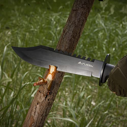 FLISSA Survival Hunting Knife with Sheath, 15-inch Full Tang Fixed Blade Tactical Bowie Knife with Sharpener & Fire Starte...